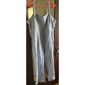 Linen blend blue and white striped jumpsuit
